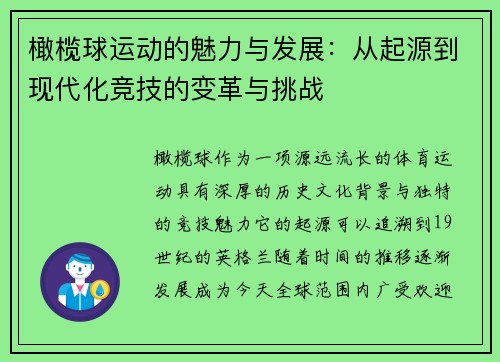 橄榄球运动的魅力与发展：从起源到现代化竞技的变革与挑战